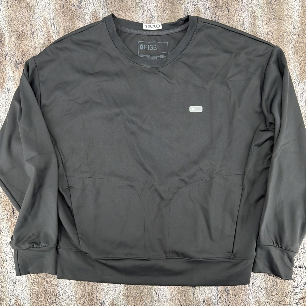 FIGS Cornelia Crew Neck Scrub Top LS Sweatshirt Black Pockets Large FORMx